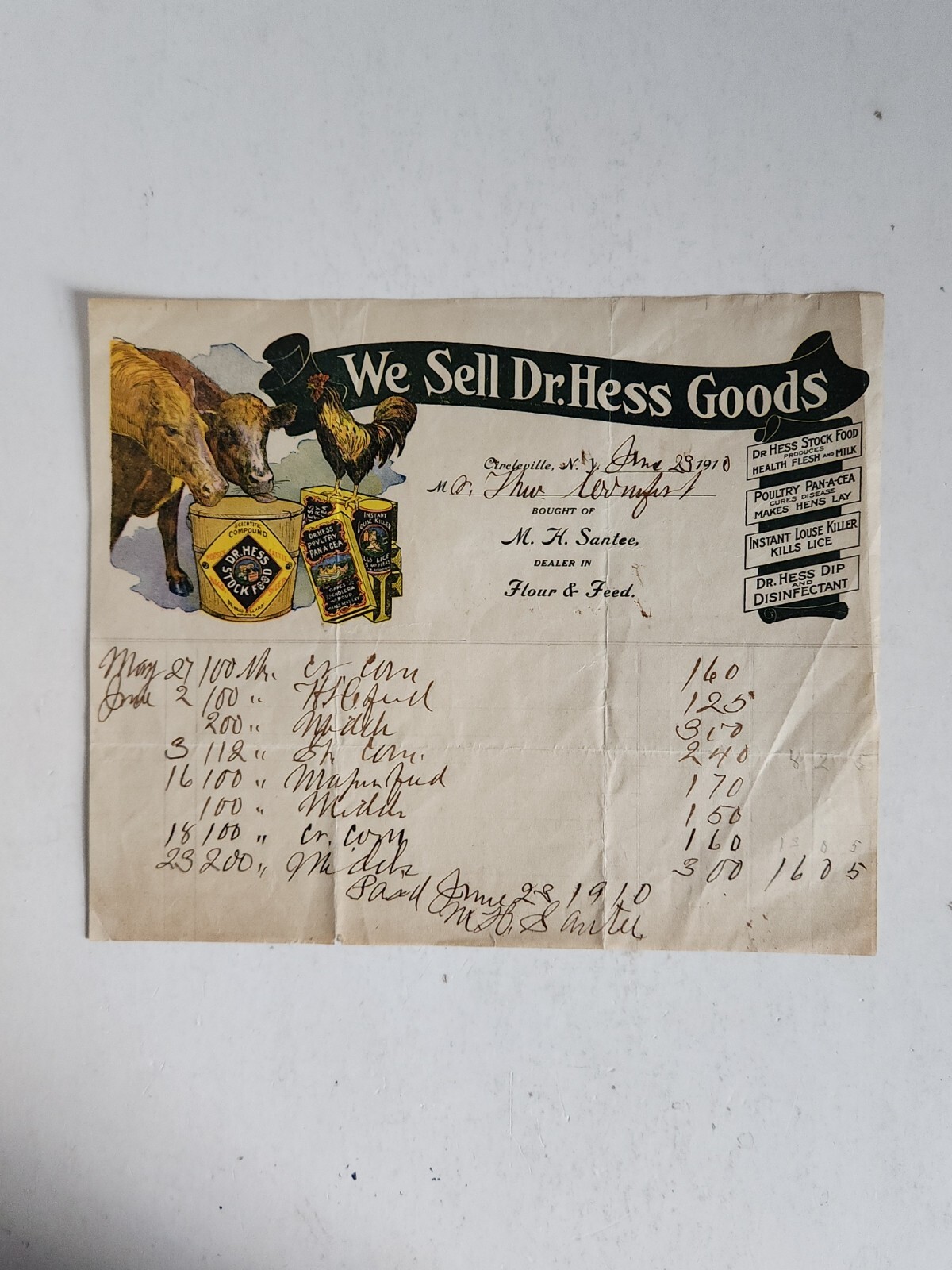 1910 Letterhead Dr. Hess Goods Flour & Feed Farming Bill of Sale Circleville NY