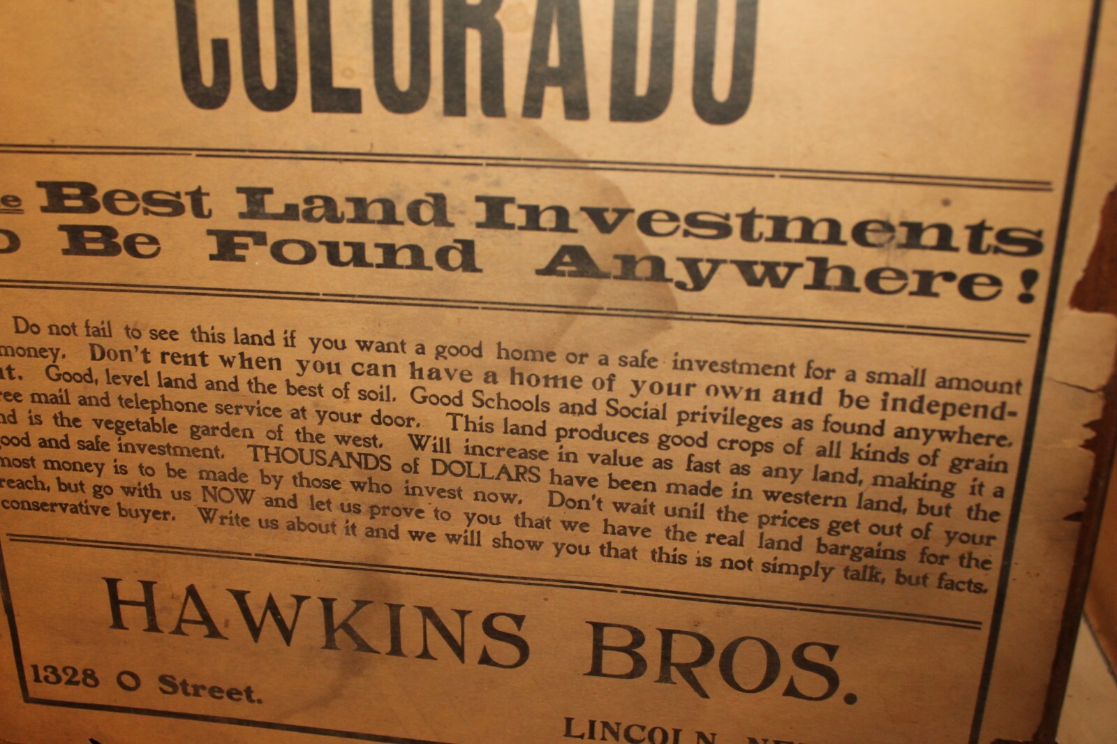 Antique Western Land Sale Handbill Poster Hawkins Bros Lincoln Nebraska Colorado