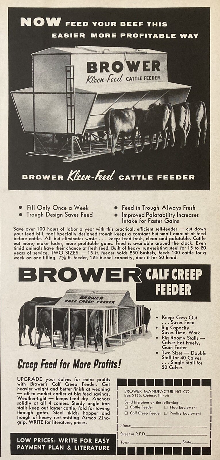 1965 AD.(XH27)~BROWER MFG. CO. QUINCY, ILL. BROWER KLEEN-FEED CATTLE FEEDER