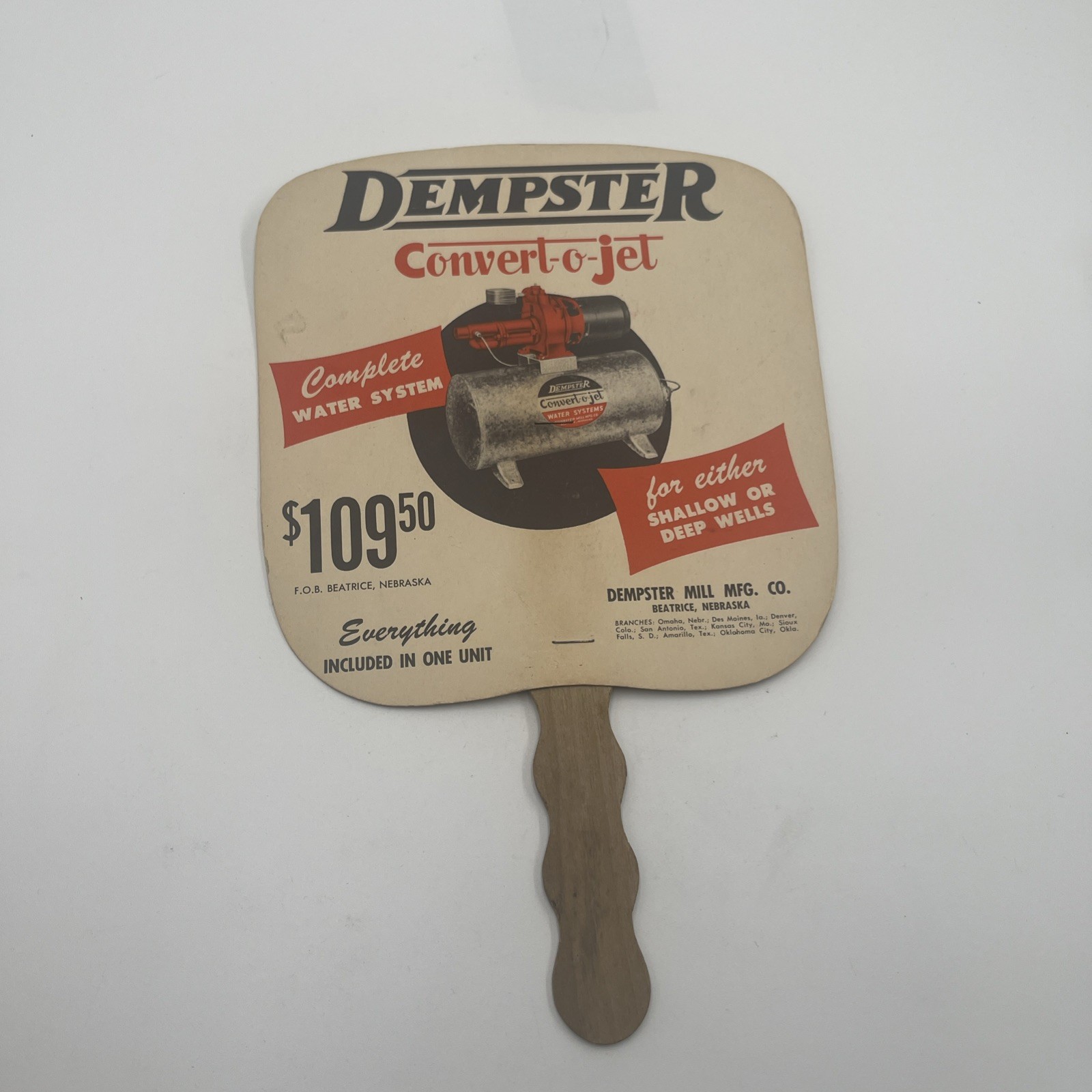 Vintage Dempster Convert-O Jet Water System Promotional Hand Fan 11.5” x 7.5”