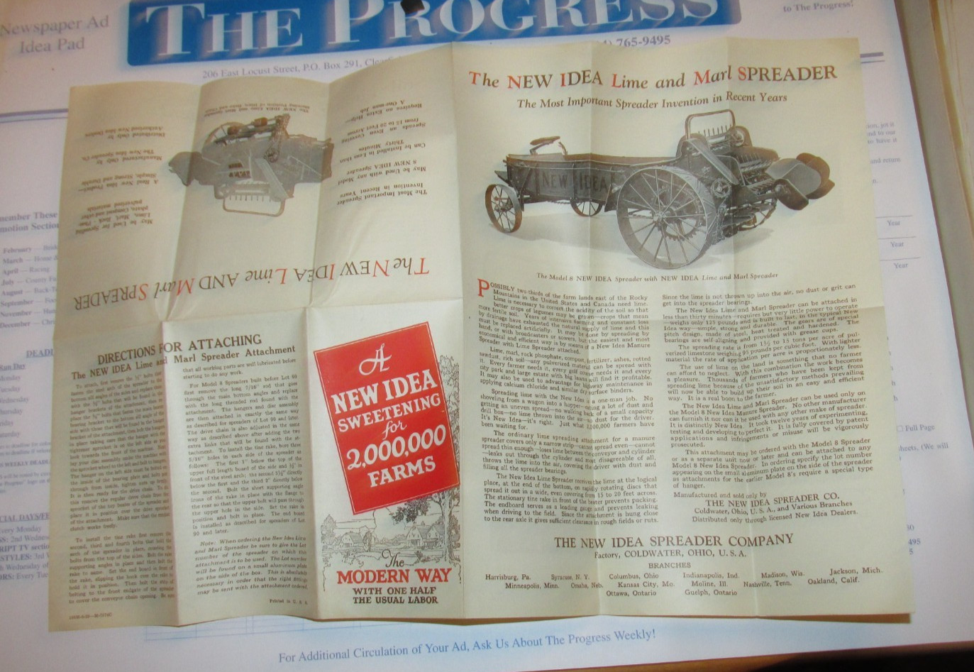 1929 NEW IDEA LIME & MARL SPREADER, PAMPHLET, COLDWATER, OH