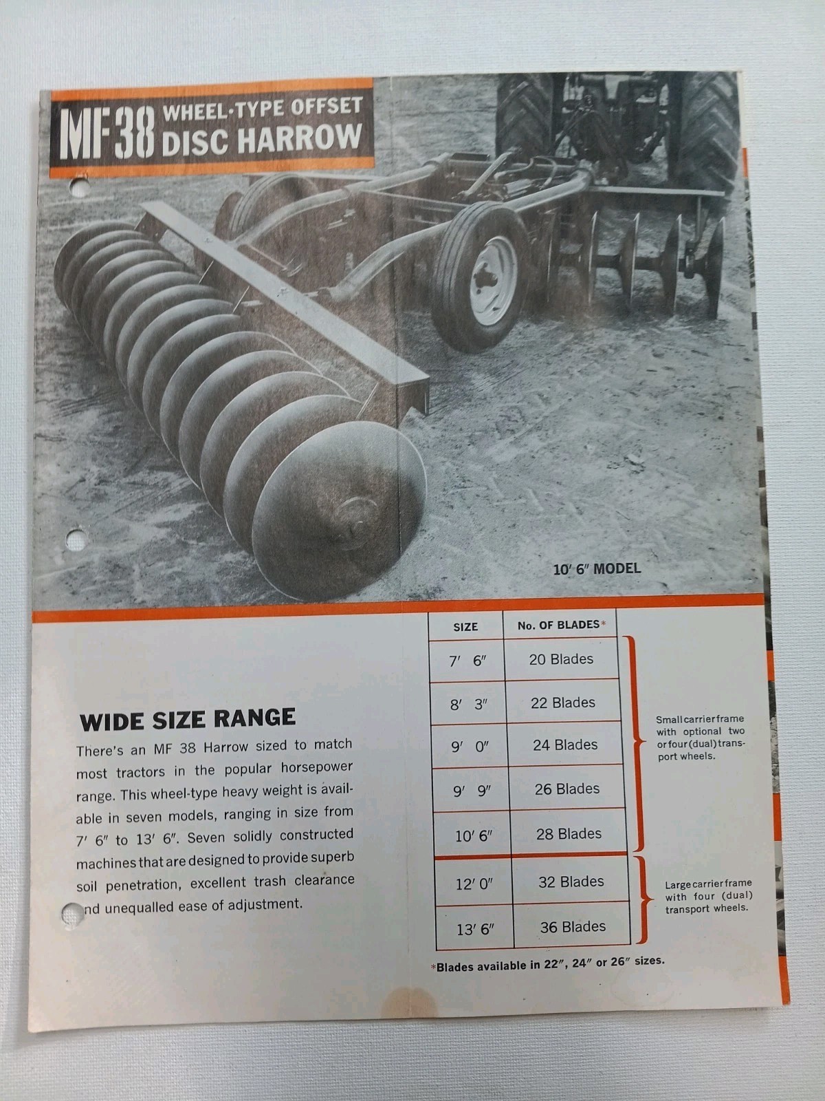 Vintage Mailer Massey Ferguson MF 38 Offset DISC HARROW Dealer Brochure AD