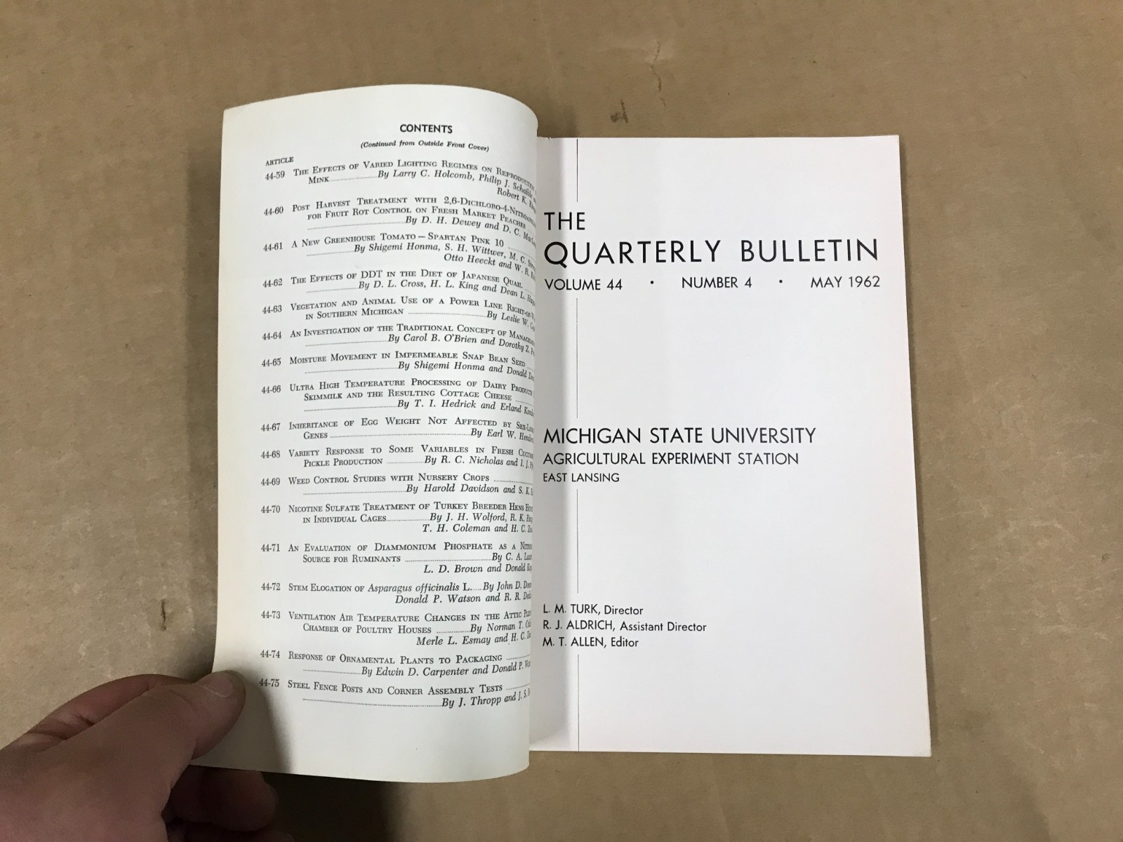 VTG Michigan State Agriculture Quarterly Bulletin – Vol. 44 No.4 – May 1962