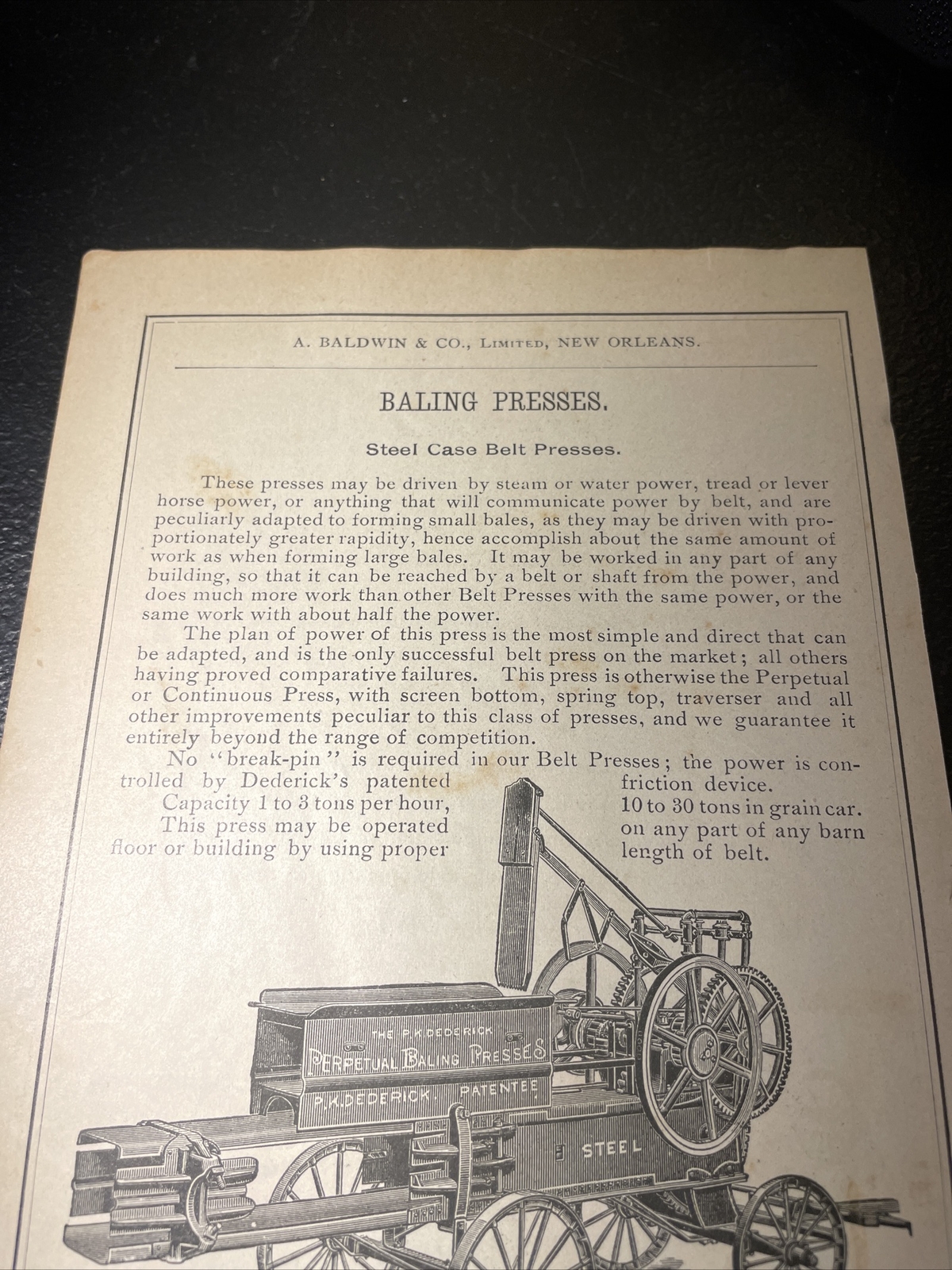 1891 Baldwin – Dederick Bailing Press – Farm Advertising – New Orleans Louisiana