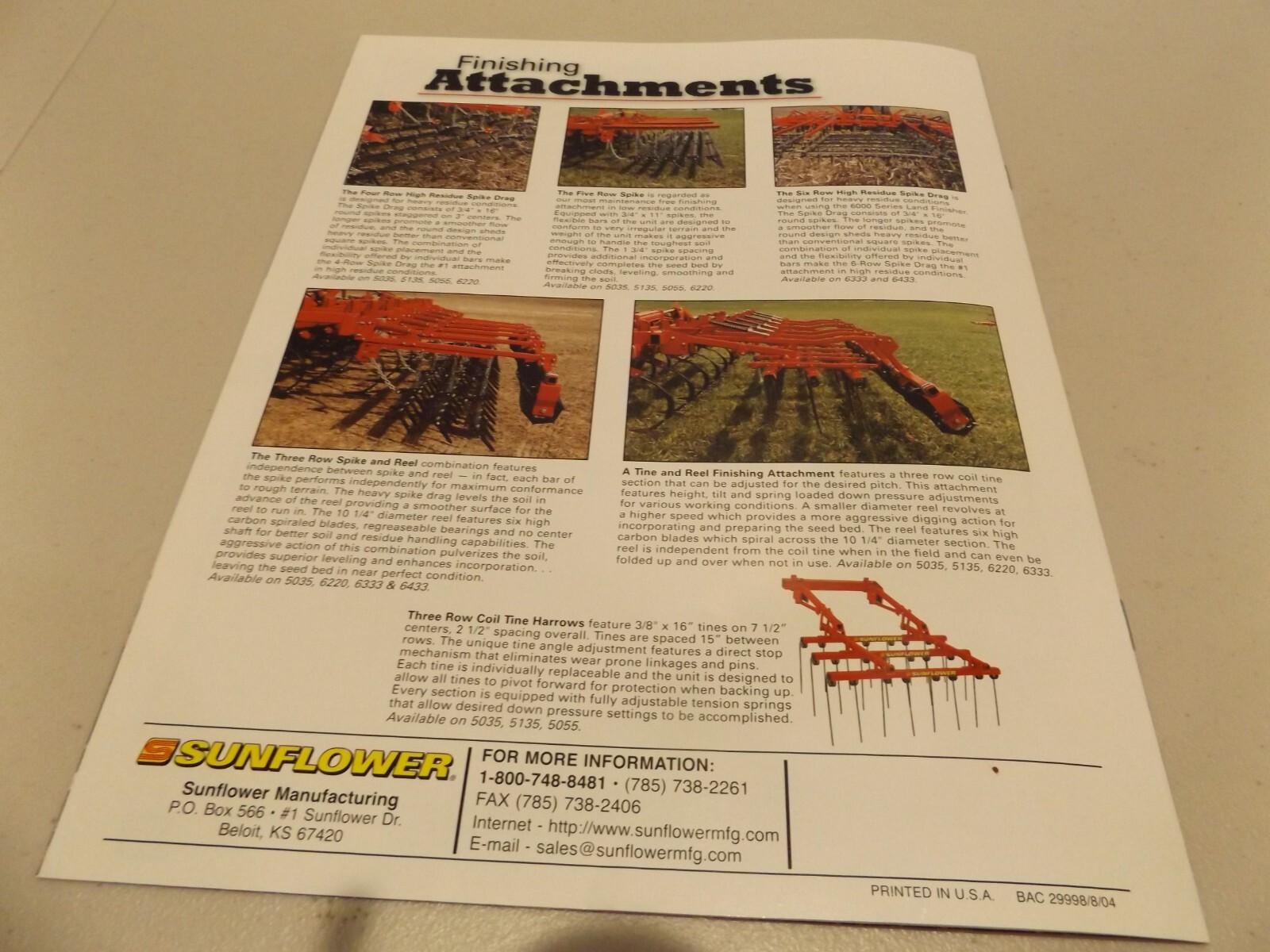 SUNFLOWER SEEDBED PREPARATION TOOLS 5000/6000/7000, LIT # BAC 29998 8/04