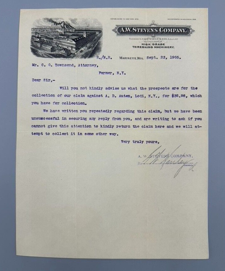 1905 AW Stevens THRESHING MACHINERY Advertising FARM Letter MARINETTE Wisconsin