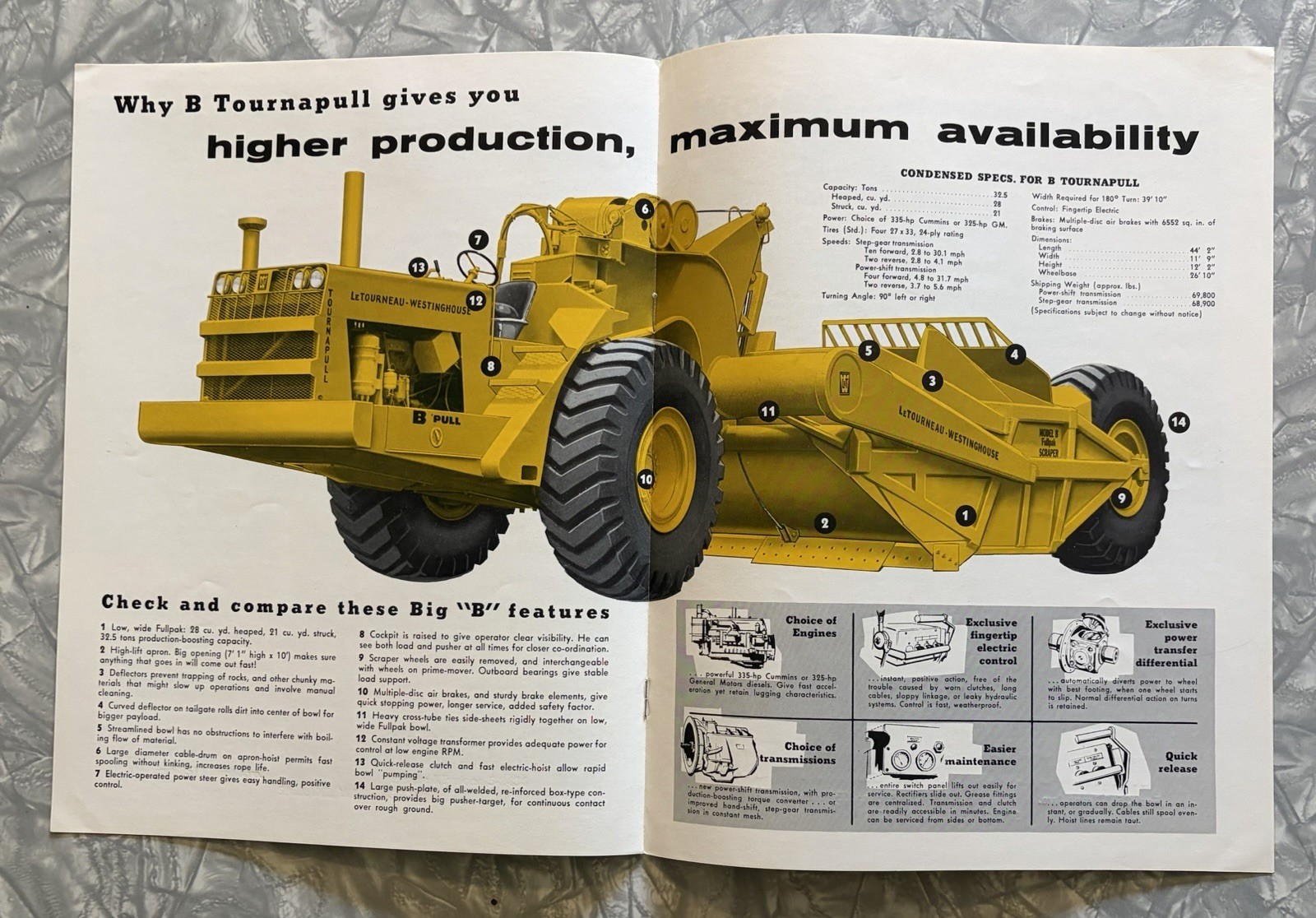1958 LETOURNEAU BIG B PULL TOURNAPULL SCRAPER 8 PG SALES BROCHURE