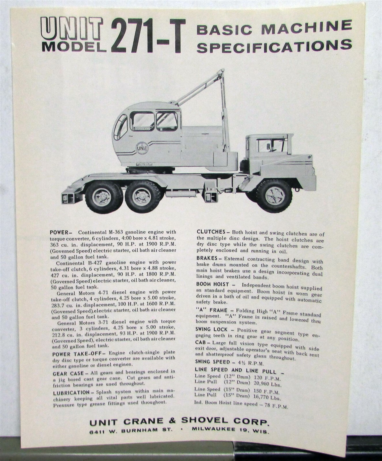 1962 UNIT 271-T Specifications Construction Sales Folder