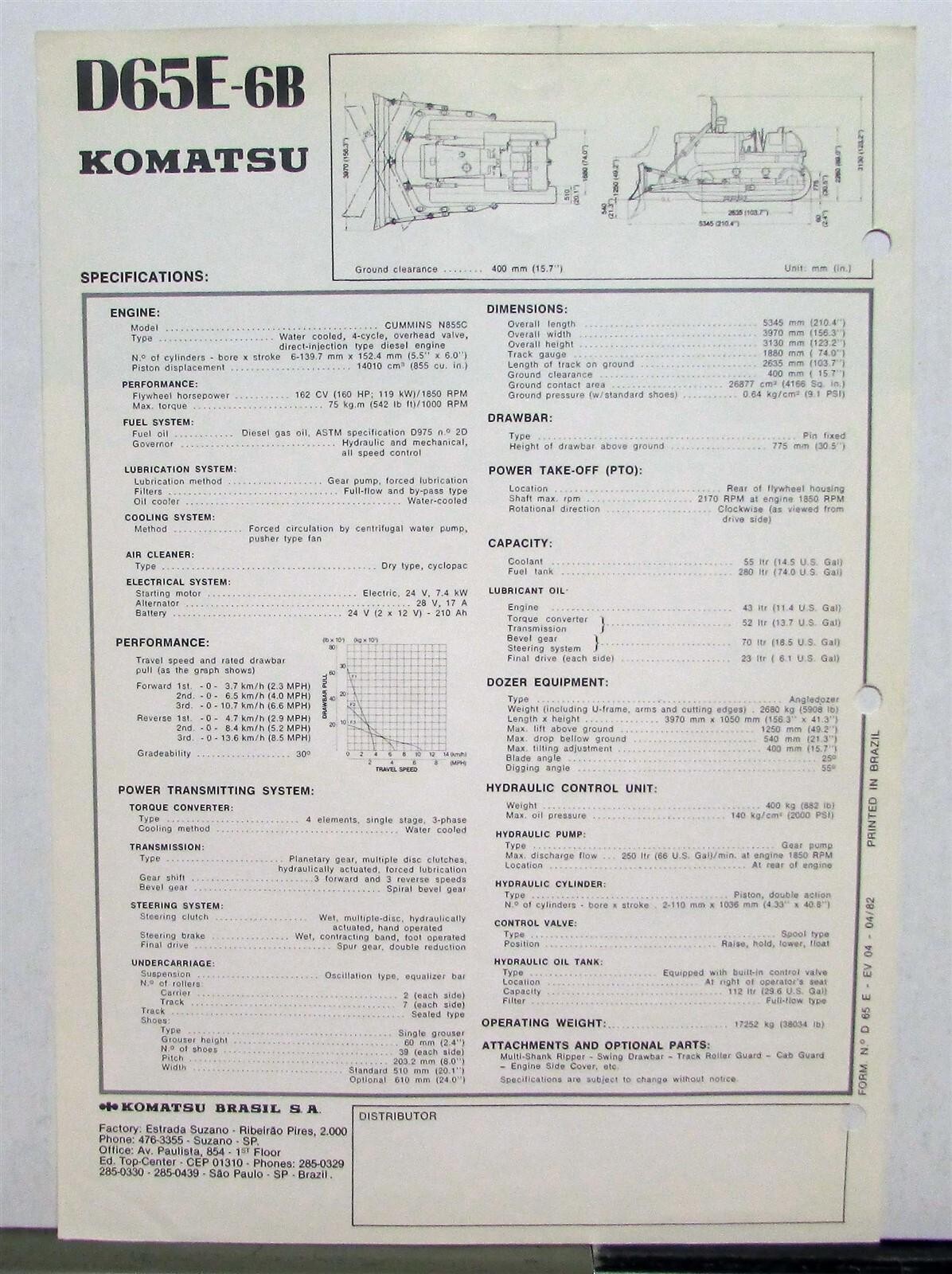 1982 Komatsu D65E-6B Bull Dozer Specifications Construction Sales Brochure