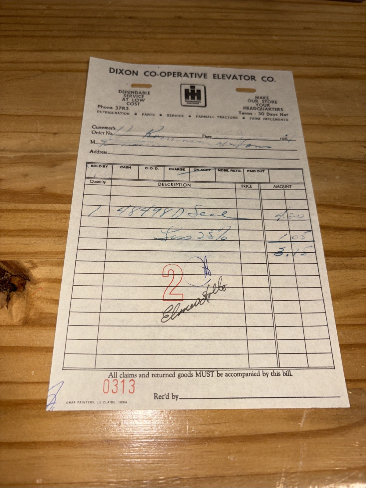 Dixon Co-Operative Elevator Co. Invoice International Harvester 1950’s Dixon IL