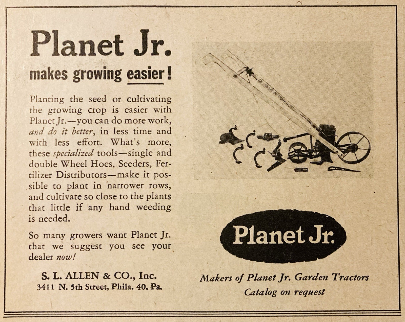 1957 AD.(PC6)~S.L. ALLEN CO. PHIL., PA. PLANET JR. WHEEL HOE CULTIVATORS