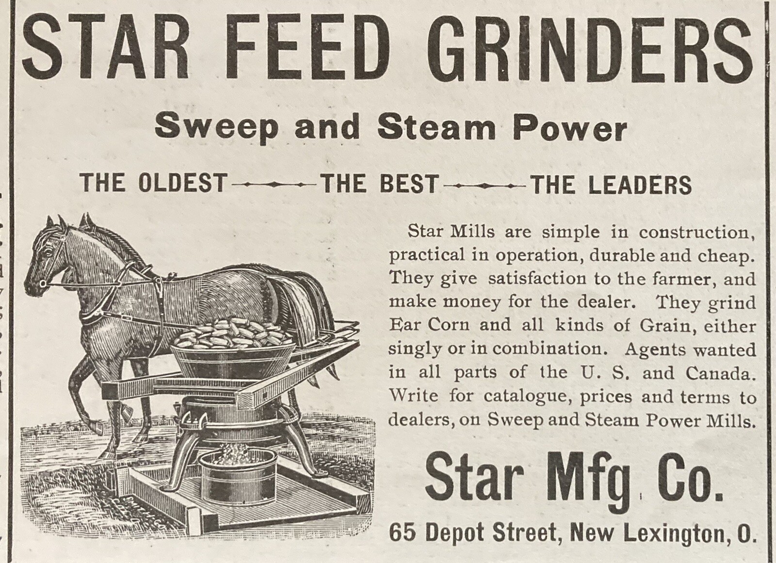 1898 AD(XH24)~STAR MFG. CO. NEW LEXINGTON, OHIO. STAR FEED GRINDERS