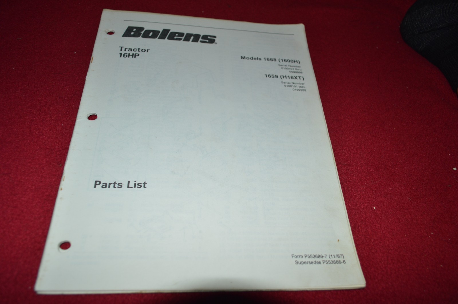 Bolens 1659 1668 1600H H16XT Tractor Dealer&rsquo;s Parts Book Manual CHPA