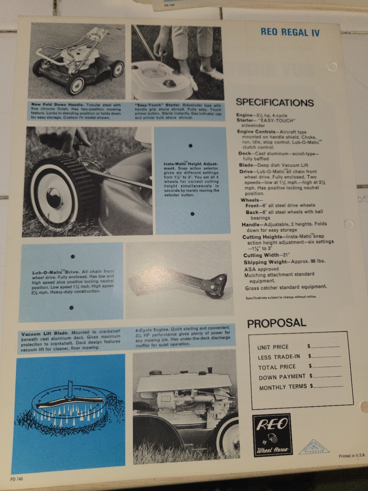 1960s REO WHEEL HORSE REGAL IV DEALER AD WITH SPECIFICATIONS DOUBLE SIDED