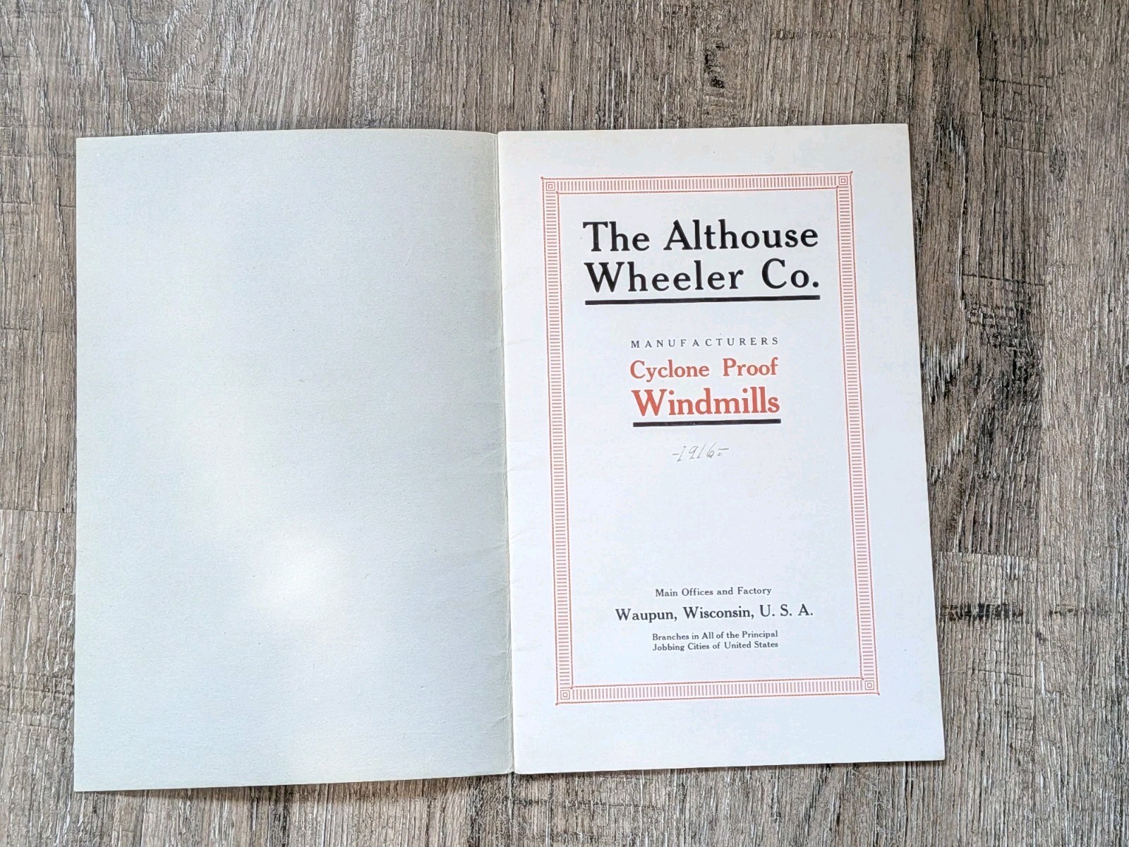 Advertising ALTHOUSE WHEELER WAUPUN Wisconsin Windmill Sales Brochure Catalog