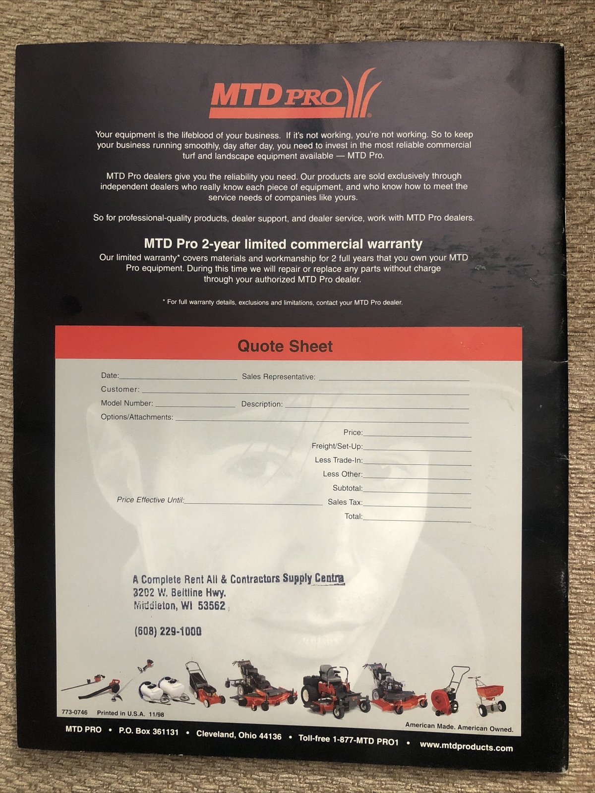 MTD Pro – professional turf equipment Brochure 11/1998 – Very Good Condition (E2