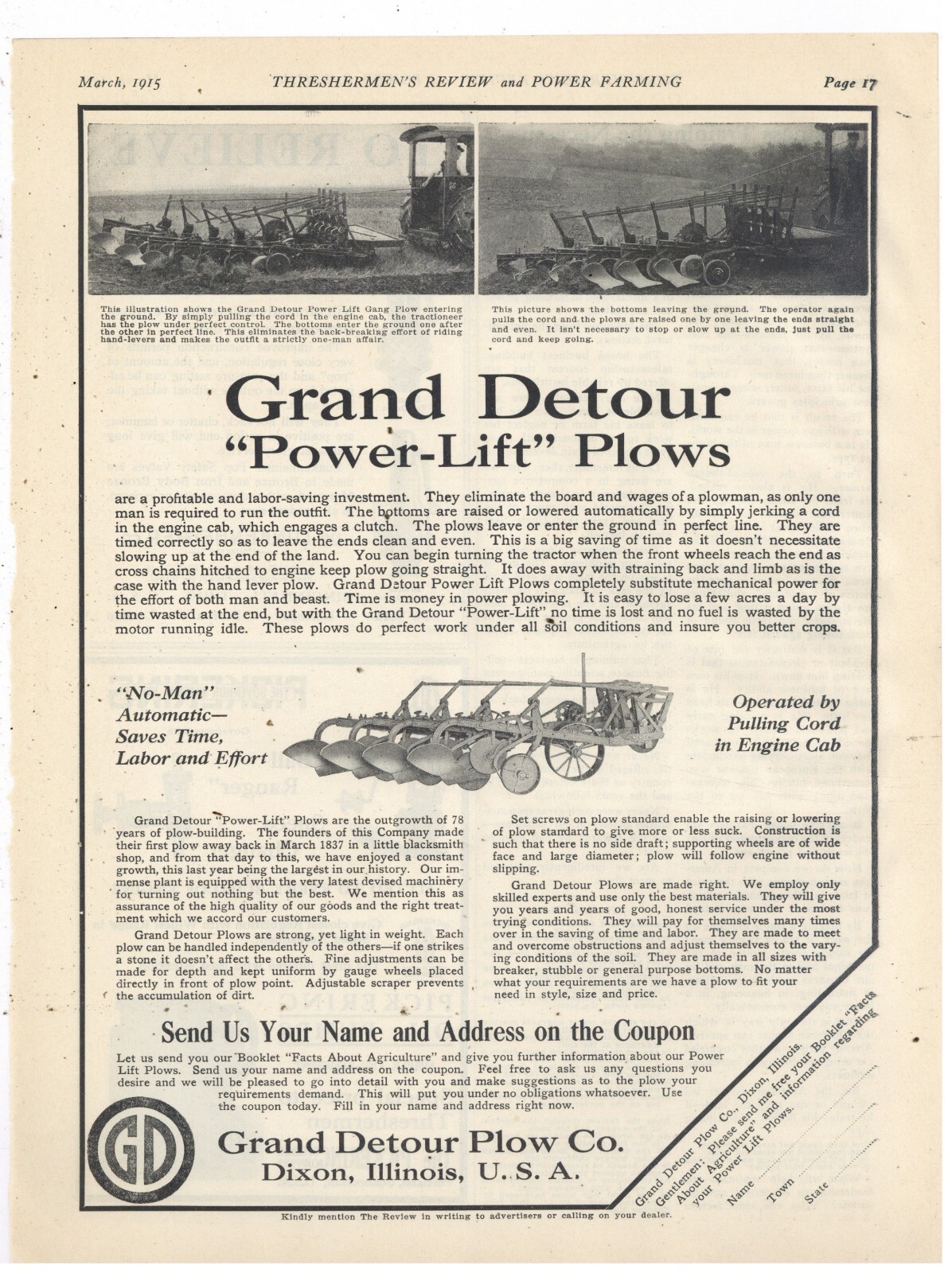1915 Grand Detour Plow Co. Ad: Power Lift Plows Since 1837 – Dixon, Illinois