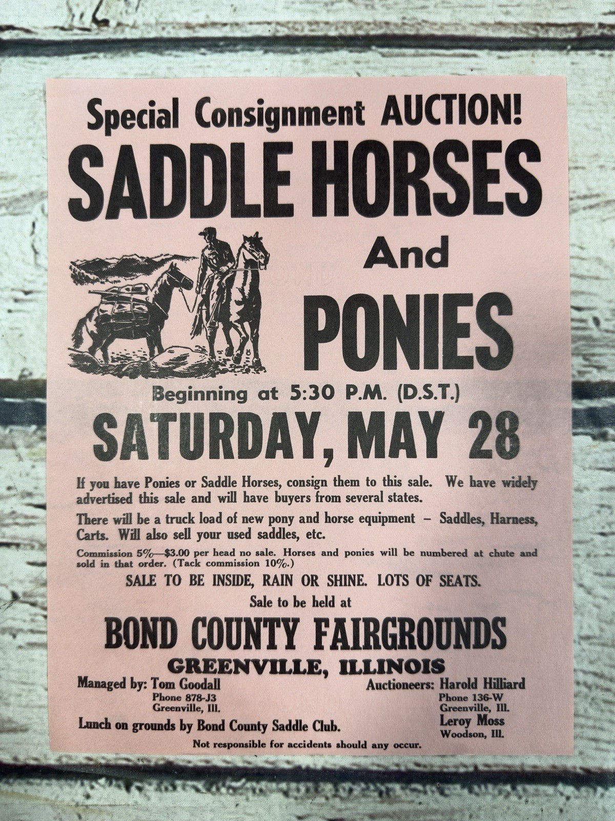VTG Consignment Auction Horses Bond County Fairgrounds Greenville IL Sign Flyer