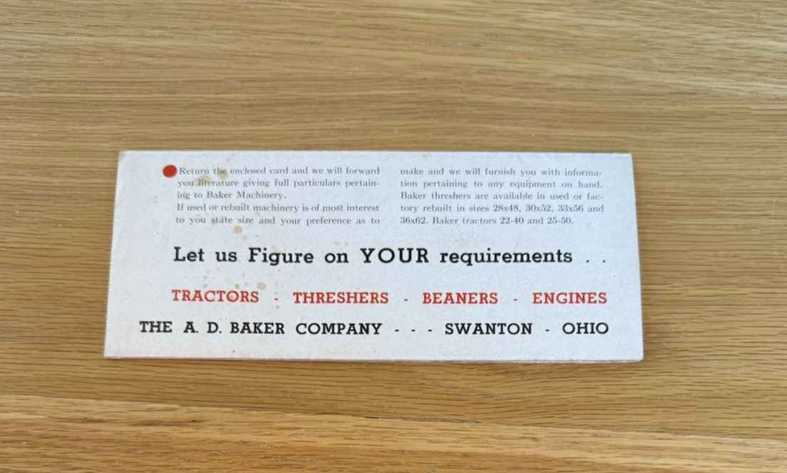 Original A.D. Baker Grain Thresher Advertising Sales Sheet c1920s- Agricultural