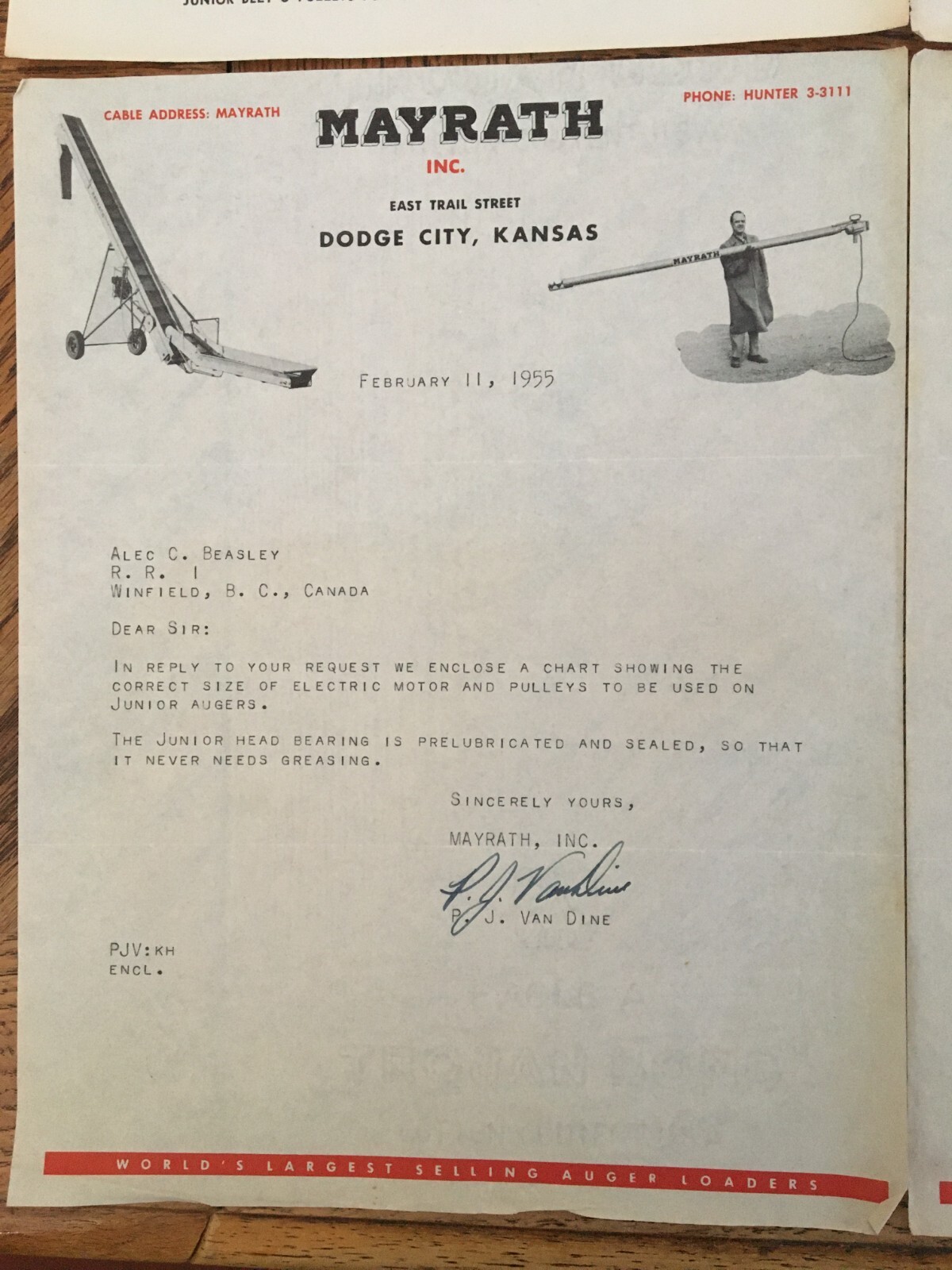 Mayrath JuniorAugers Farm Machinery Letters Receipt 1955 Kelowna BC Cattle Ranch