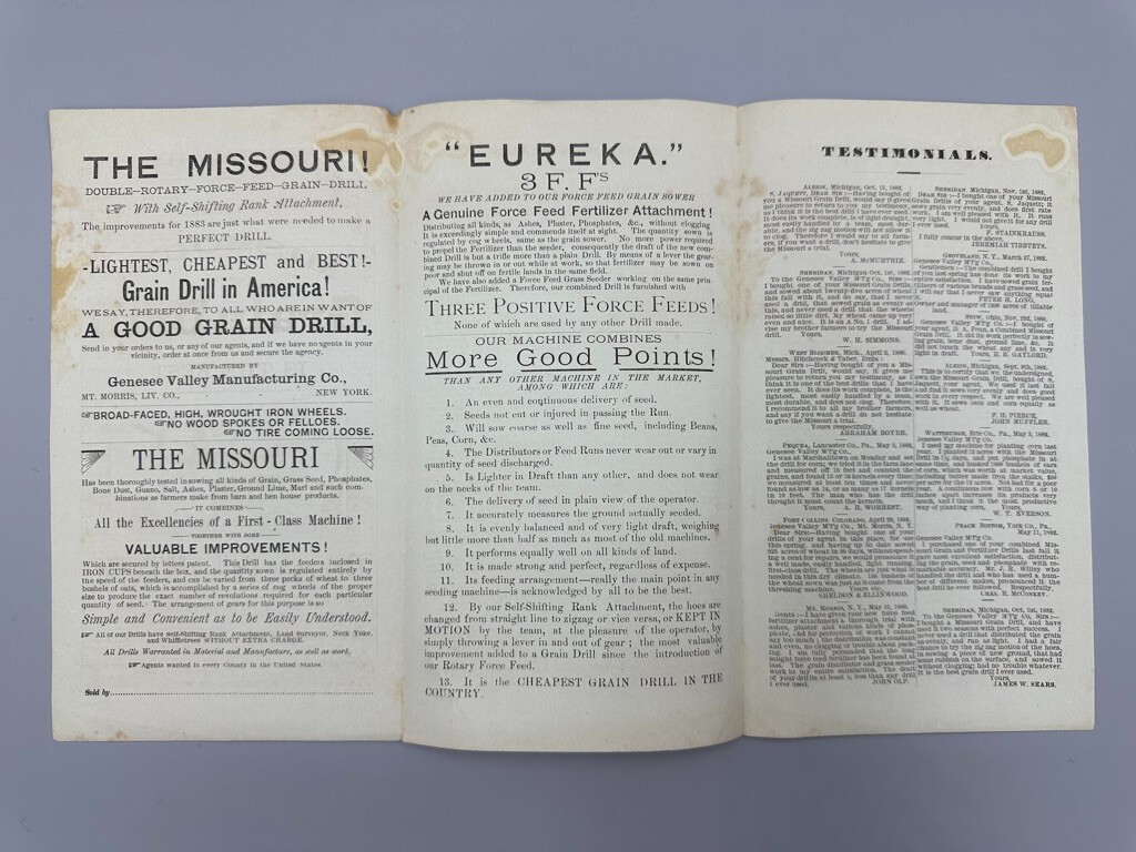 1880s MISSOURI GRAIN DRILL Farm Advertising Genesee Valley Mfg MT MORRIS NY