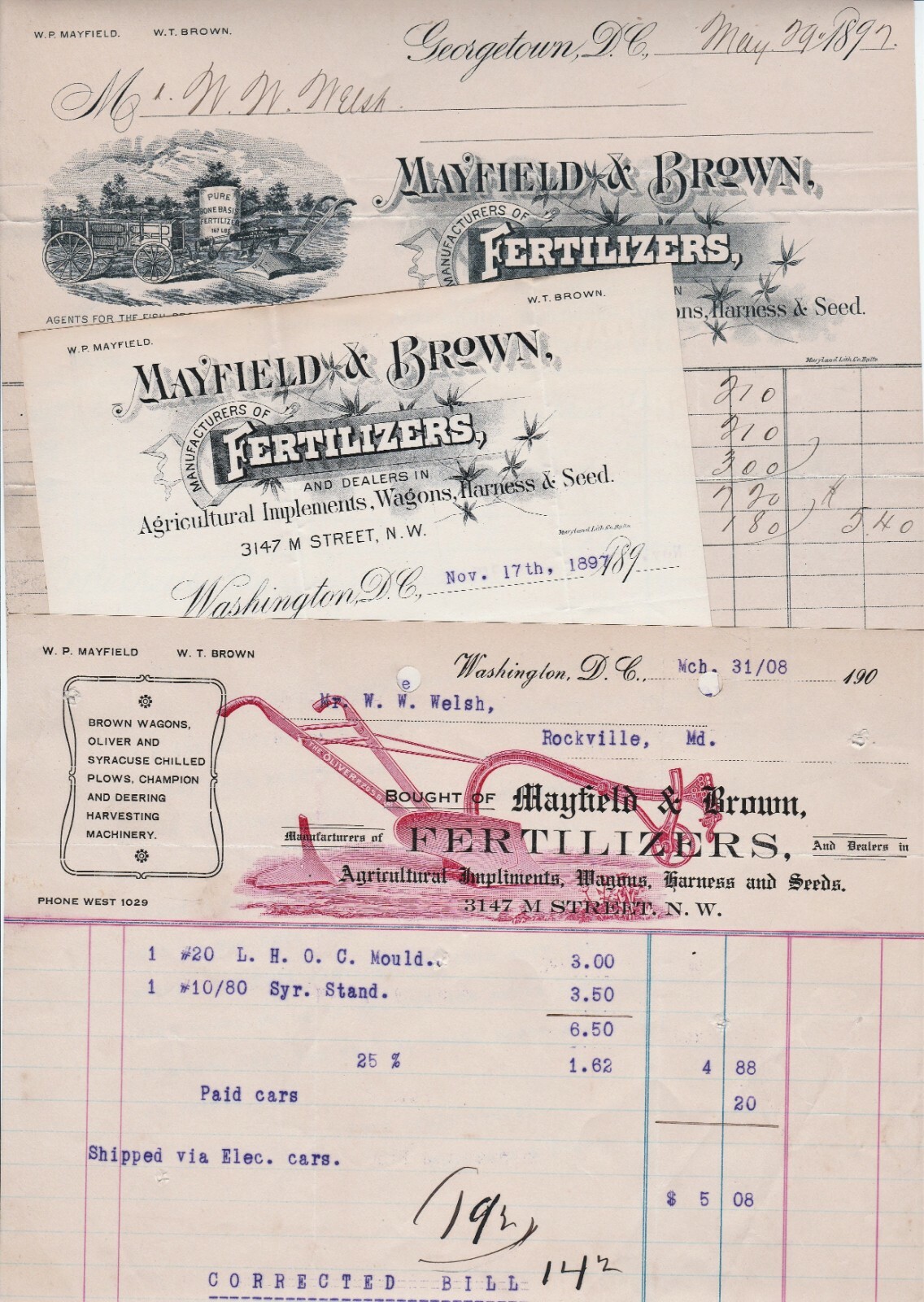 SUPER Billhead LOT Mayfield & Brown Oliver Plows Georgetown Washington DC 1897