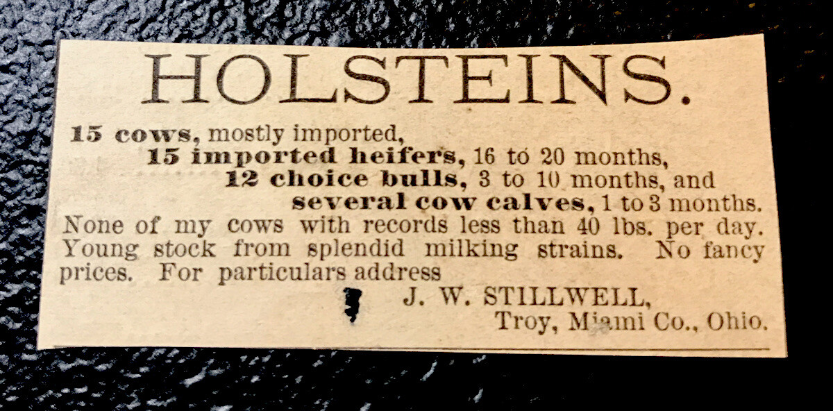 1883 J.W. Stillwell Cattle Advertising – Troy – Ohio – Cow – Farm