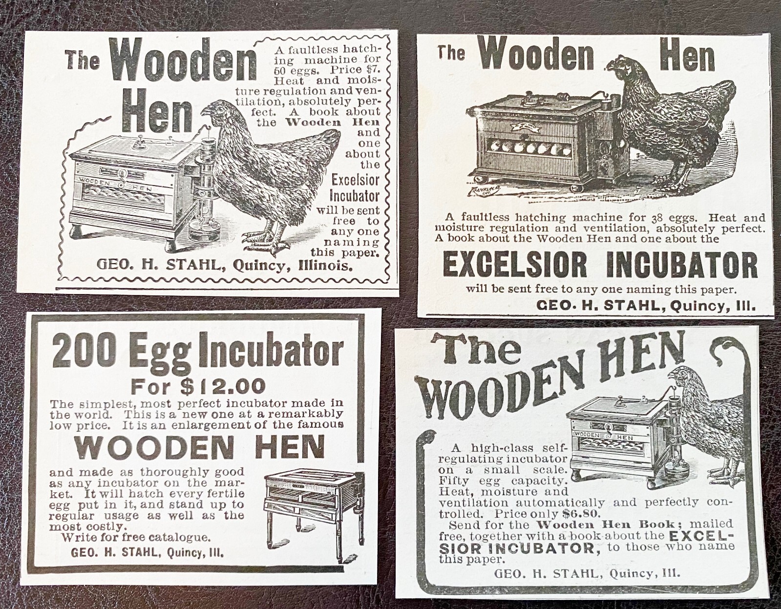 WOODEN HEN Excelsior Chicken Egg Farm Incubator Quincy,Ill c1900s Print Ad Lot 4