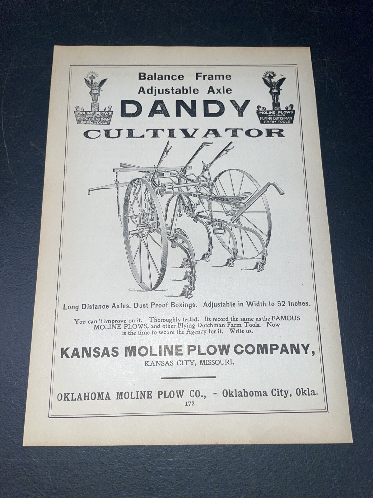 ORIGINAL 1907 Kansas Moline Plow DANDY Cultivator Farm Implement Advertising
