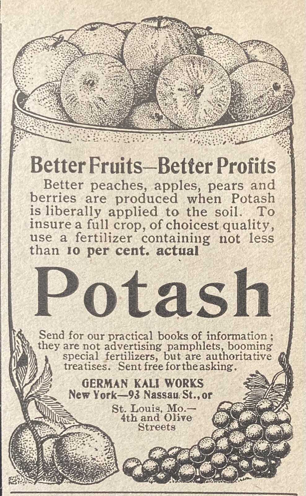 1905 AD.(XH29)~GERMAN KALI WORKS, NYC. POTASH FRUIT FERTILIZER