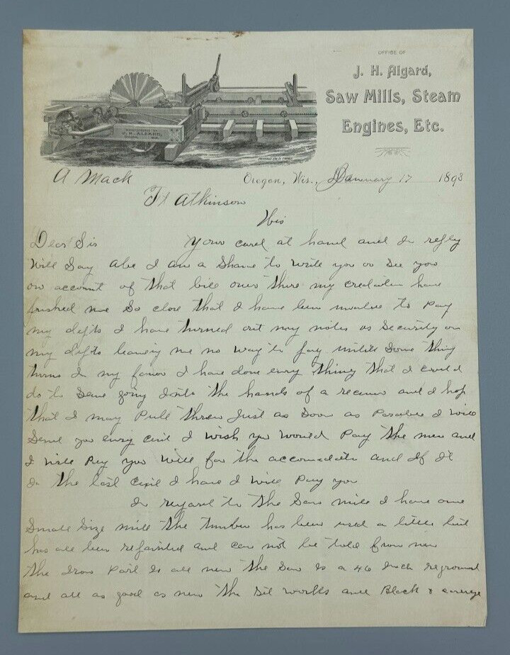 1893 JH Algard SAW MILL Engines Antique FARM Advertising Letter OREGON WISCONSIN
