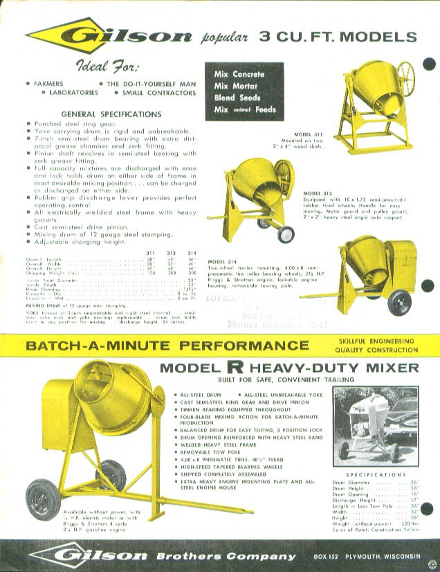 Gilson Batch-a-Minute Cement Mixers sellsheet 1950s