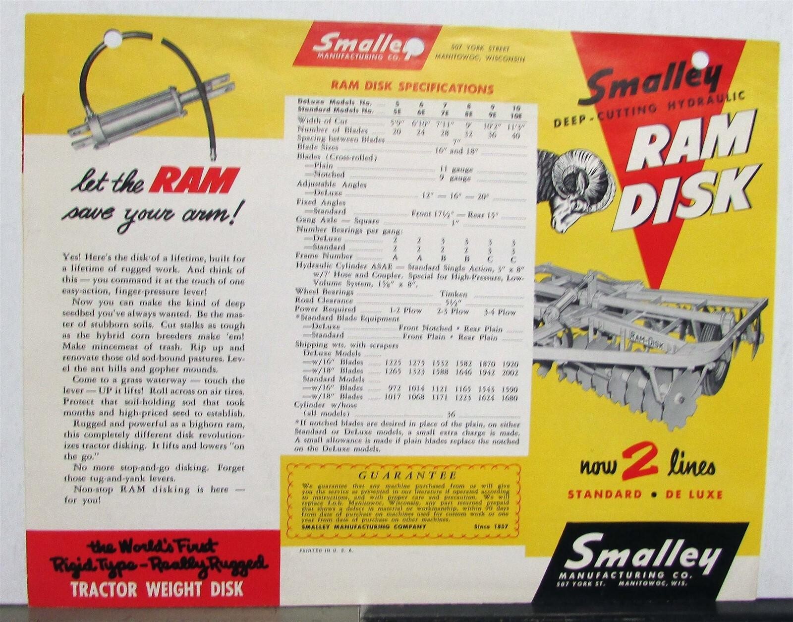 1950s Smalley Ram Disk Standard & DeLuxe Line Specs Agricultural Sales Folder