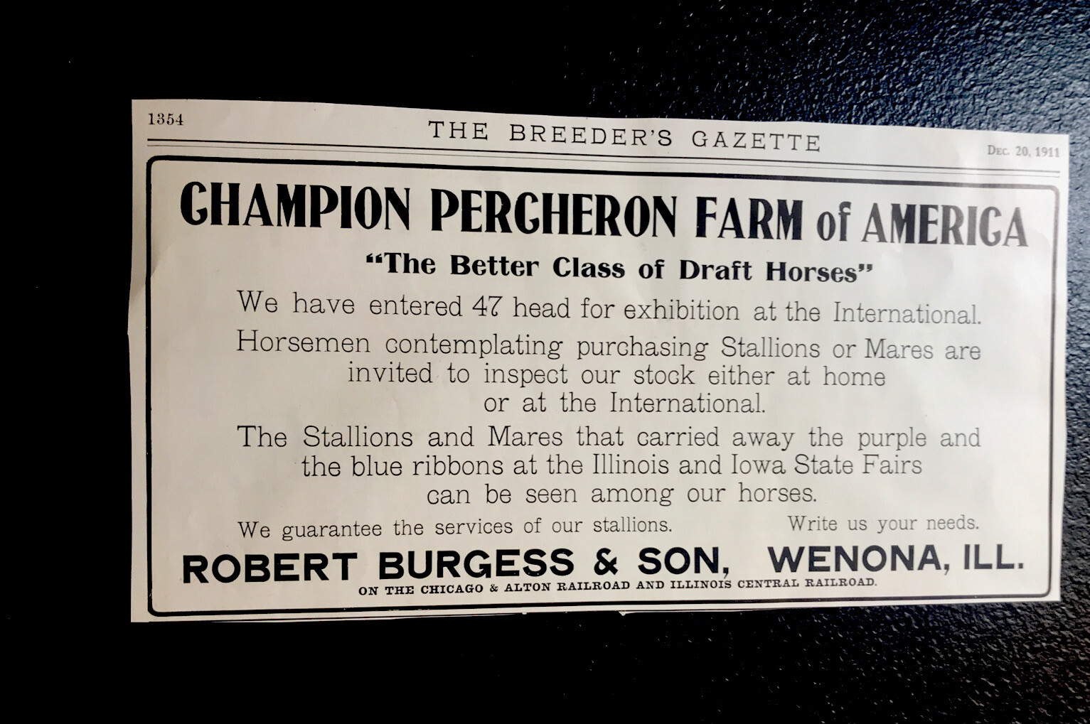 1911 Burgess & Son Horse Advertising – Wenona – Illinois – Equestrian – Farm