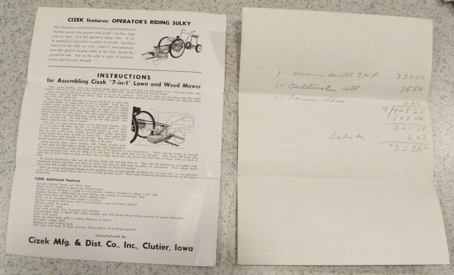 1964 Cizek Lawn & Weed Mower, Cultivator, Saw, Clutier,Iowa Ia Adv. & Price List