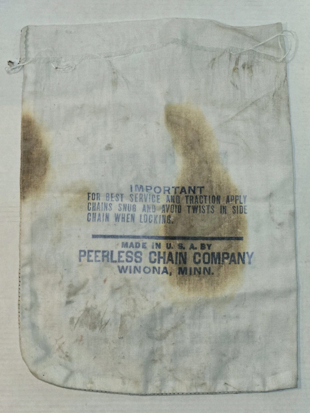 Vintage Peerless Chain Co. Tire Tractor Chains Fabric Bag Farm Winona MN