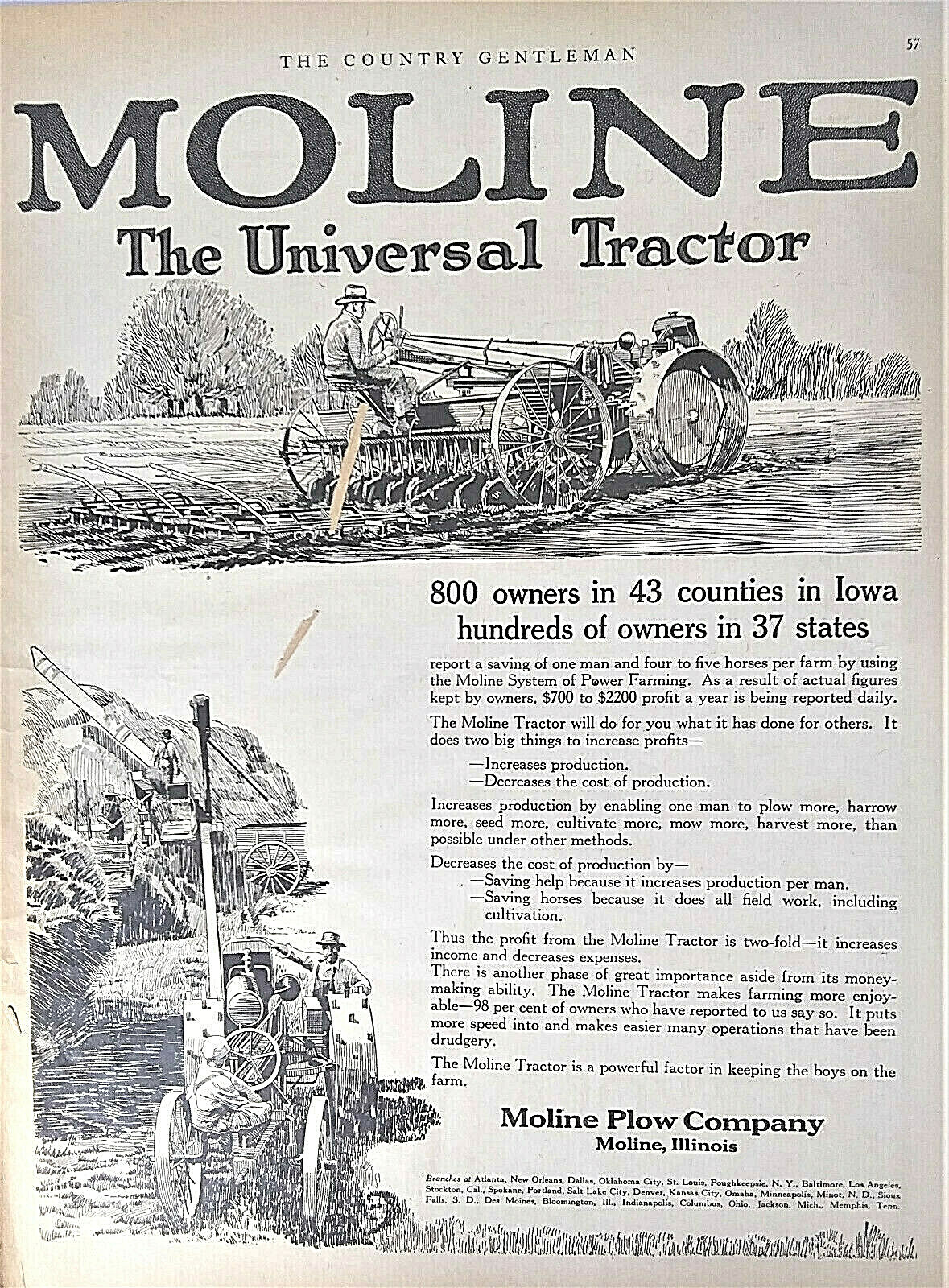 1920 Moline Universal Tractor Ad, Vintage, Moline Plow Co.