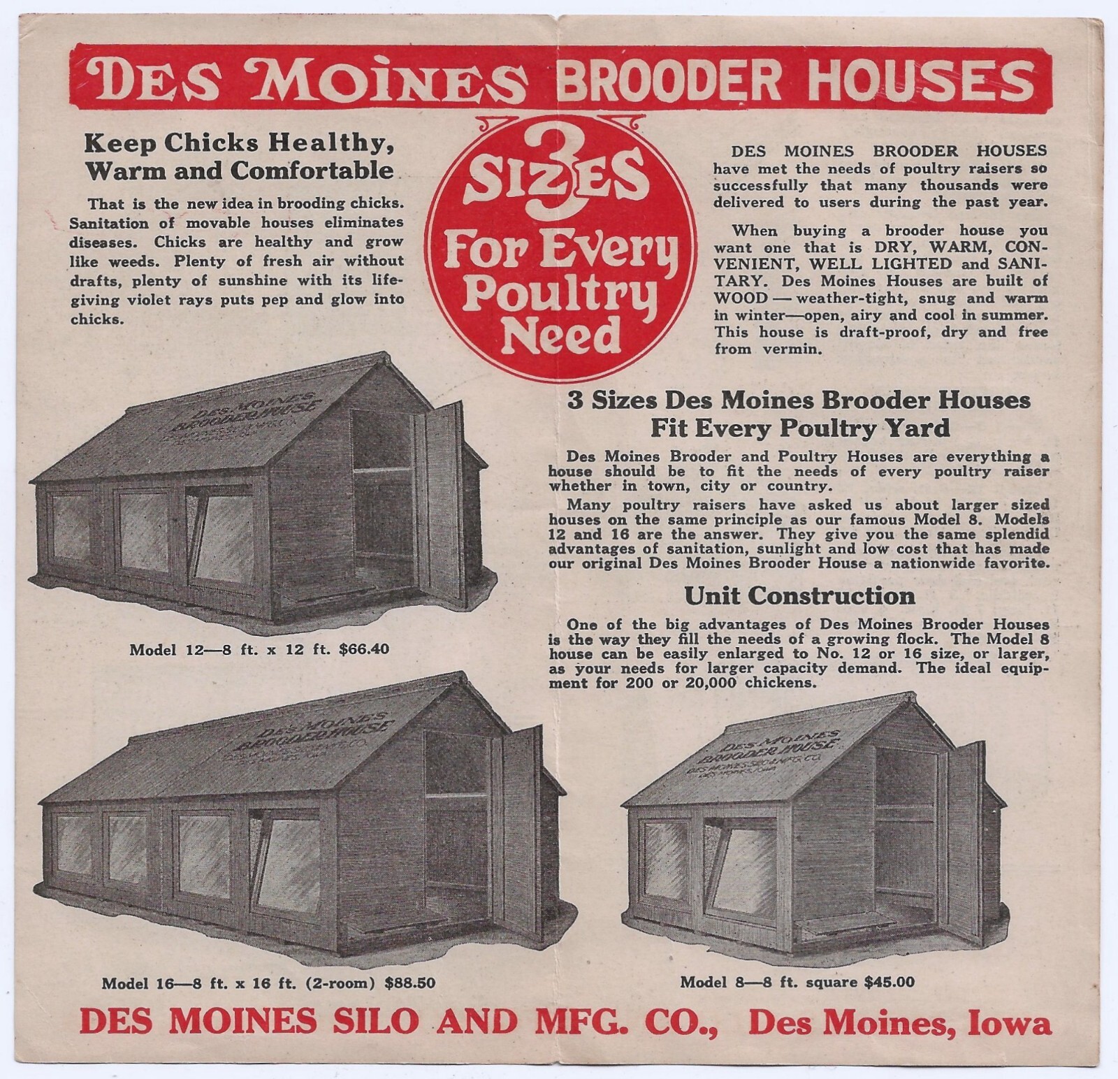 Des Moines Silo & Mfg. Brooder Houses Advertising Pamphlet Brochure