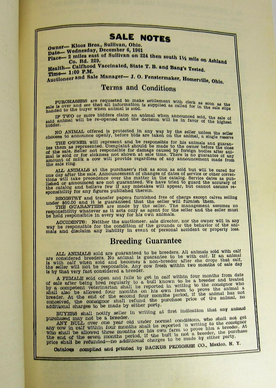1961 Klooz Bros. Registered Holstein Dispersal Sullivan Ohio Auction Program VTG
