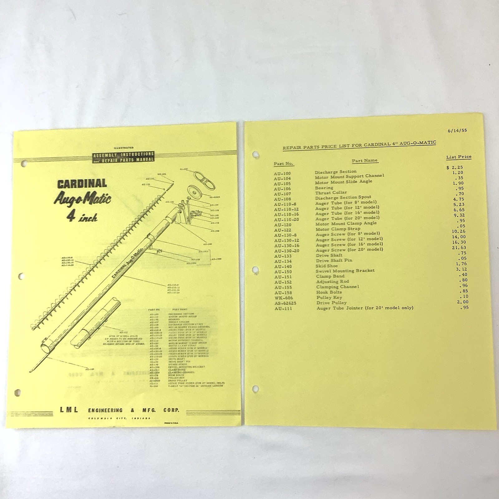 Cardinal Manufacturing Indiana 1955 Brochures Assembly Instructions Parts Lists