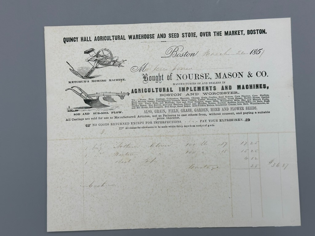 1857 QUINCY HALL AGRICULTURAL Warehouse FARM Machinery Advertise Billhead BOSTON