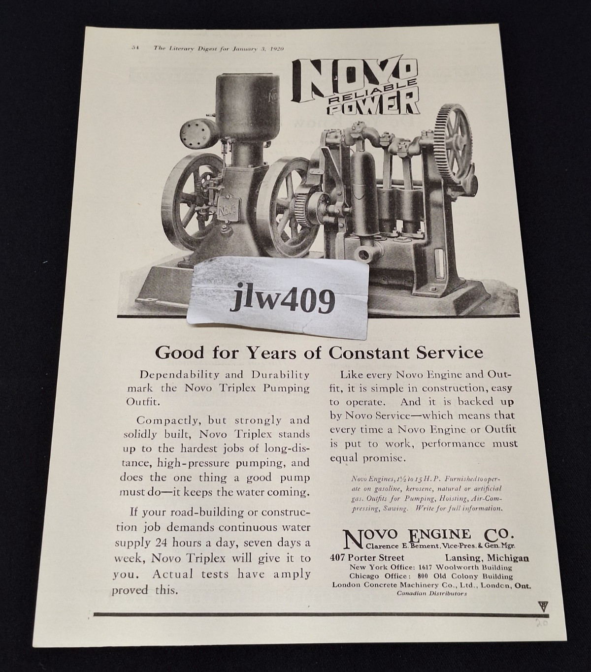 1920 NOVO ENGINE CO. PRINT AD Magazine Ad Novo Reliable Power