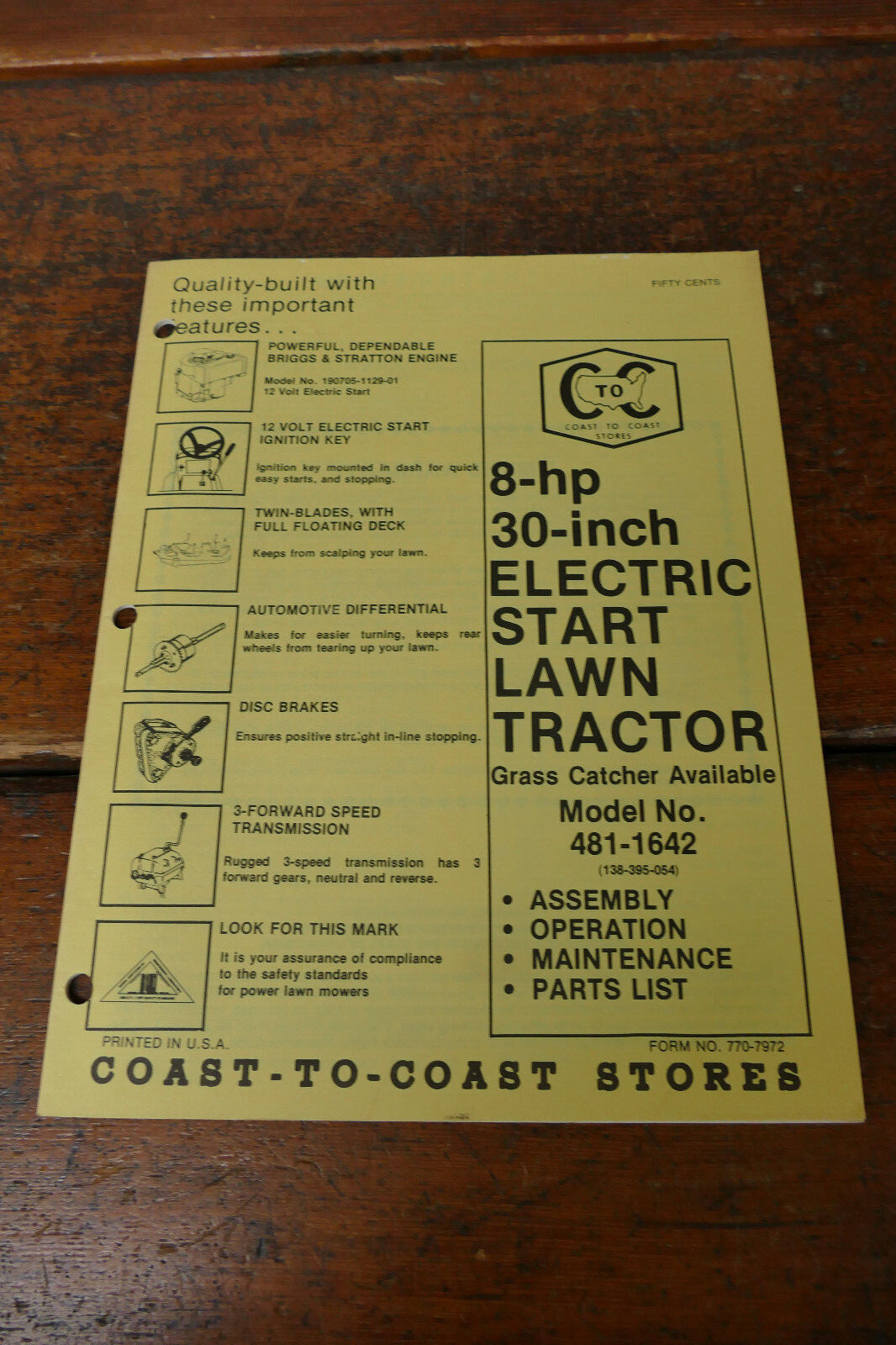 1980s Coast to Coast Owner&rsquo;s Manual 8HP 30” Electric Start Lawn Tractor 481-1642