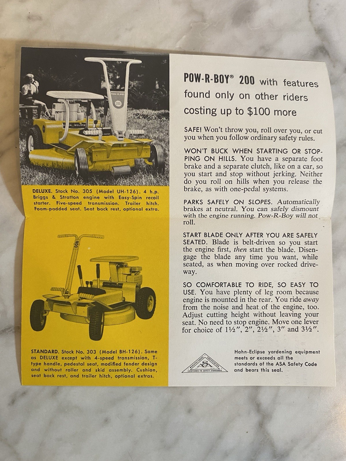 Vintage 1966 Hahn-Eclipse Pow-R-Boy 200 Riding Mower Advertising Brochure Yellow