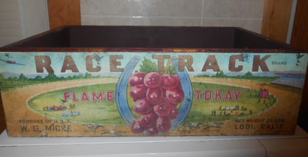 RARE! Vint. Wd. Fruit Crate 2-SIDE PAPER LABELS »RACE TRACK FLAME TOKAY,Lodi,CA. »
