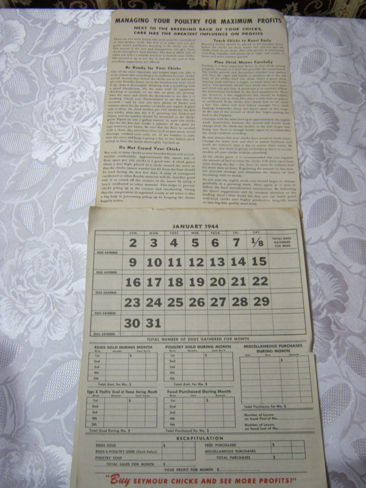 SEYMOUR CHICKS 1944 PROFIT RECORD 1940&rsquo;S VIntage Farming Adv Brochure Calendar