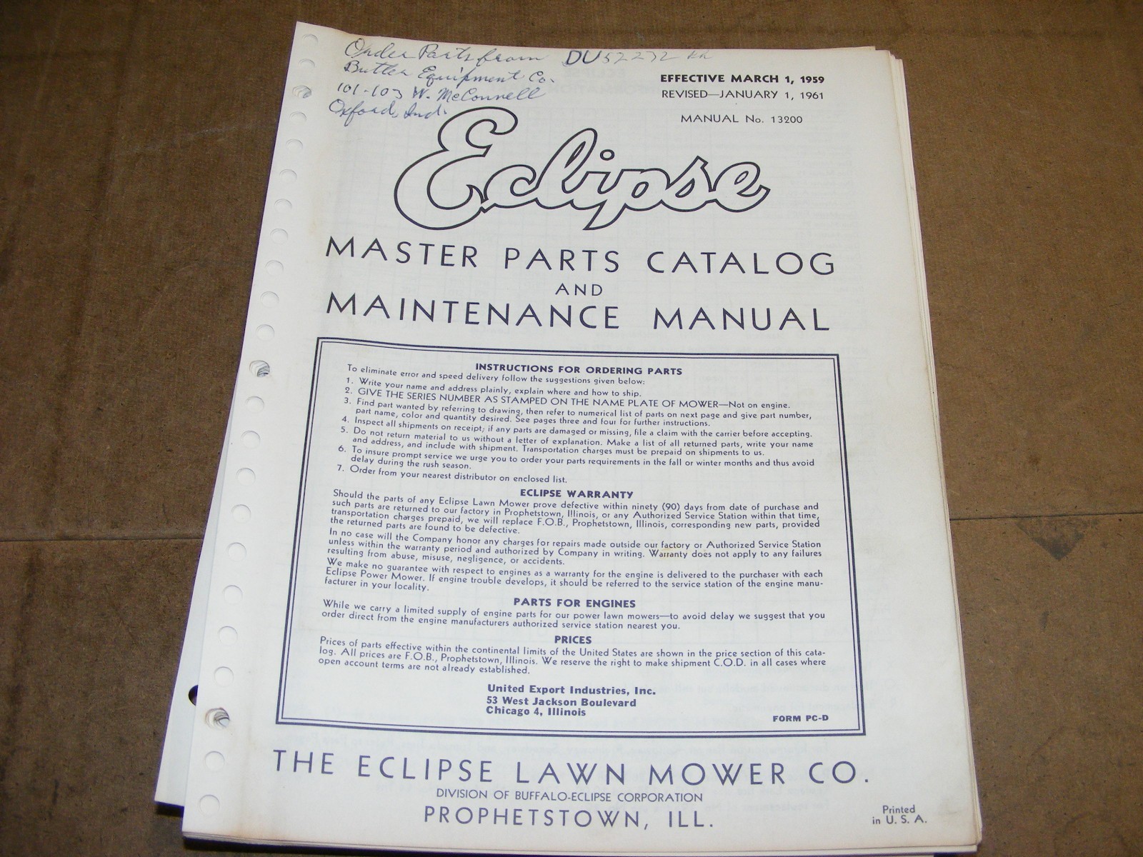 1960s Hahn Eclipse Mower Master Parts Catalog Maintenance Manual