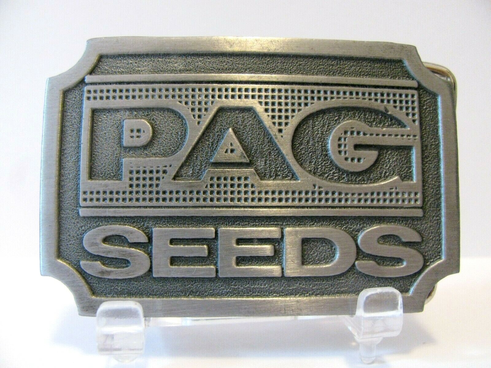 Vintage PAG SEEDS Pewter Advertising Belt Buckle Hit Line Hybrid Corn Farm Ag
