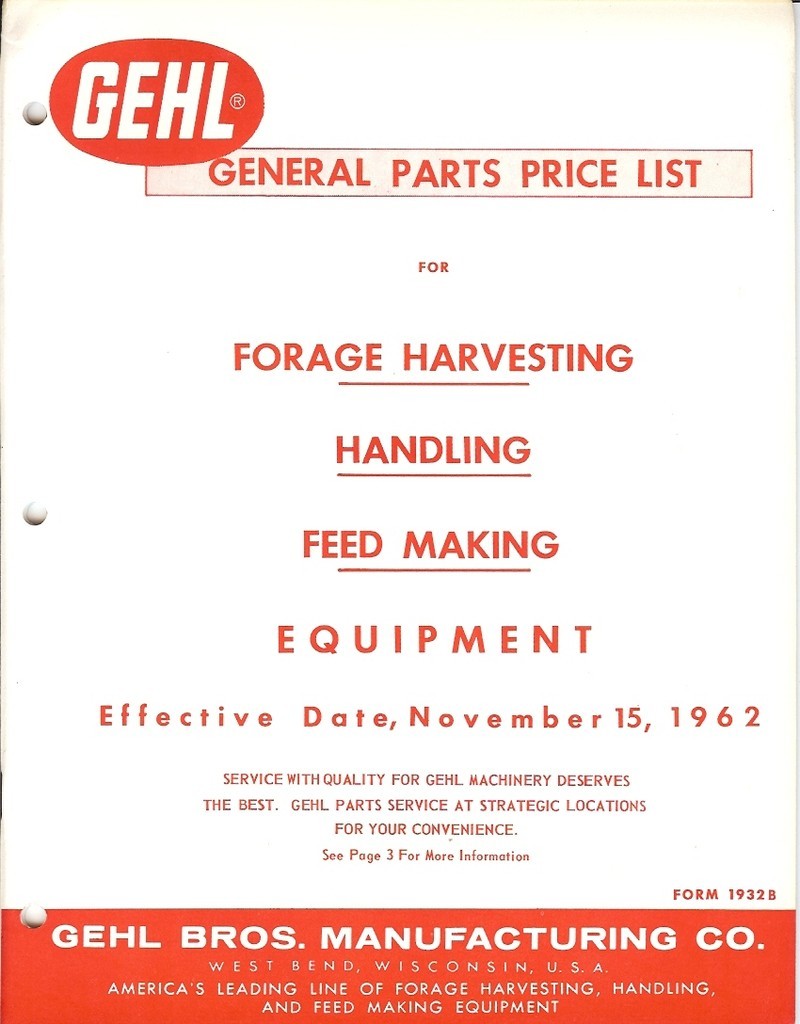 Farm Manual – Gehl – General Parts Price List – Forage Harvesting – 1962 (FM186)