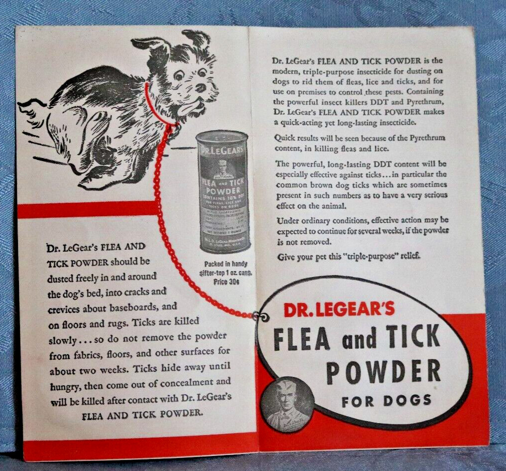 Vintage Dr LeGear&rsquo;s Dog Flea Tick Lice Powder Pamphlet States Contains DDT